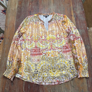 Renuar Blouse XL Yellow Red Paisley Long Sleeve